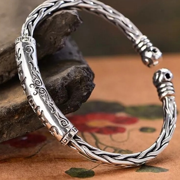999 Etched Pure  Silver Tribal Cuff Bracelet - Picture 5 of 16